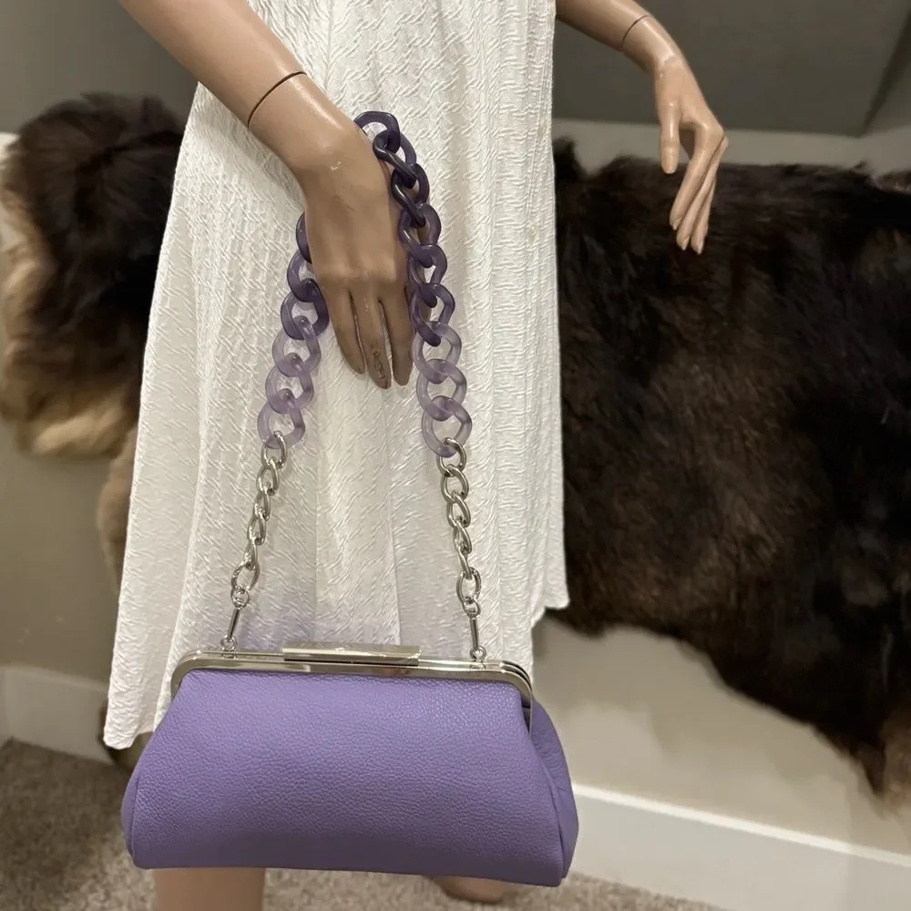 Purple Pebble Calfskin Leather Handmade Push Lock Baguette Bag, Multi Use Style